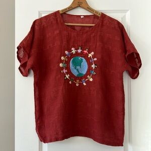 Rustic Loose Weave Hand Embroidered Kids Around the Globe Top Rust Color Large